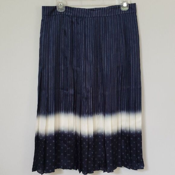 Tory Burch Silk Skirt Womens S Blue Striped White Ombre Midi Fit & Flare Pleat - Picture 1 of 9